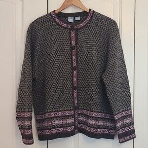 Frost Cardigan Womens Gray Purple Nordic Fair Isle Button Up Cardigan Size M